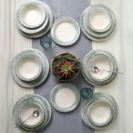 Ensemble de vaisselle 24 pièces en céramique, crème/vert