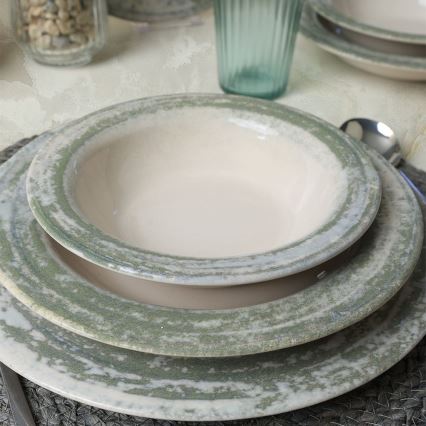 Ensemble de vaisselle 24 pièces en céramique, crème/vert