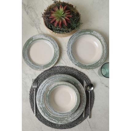 Ensemble de vaisselle 24 pièces en céramique, crème/vert