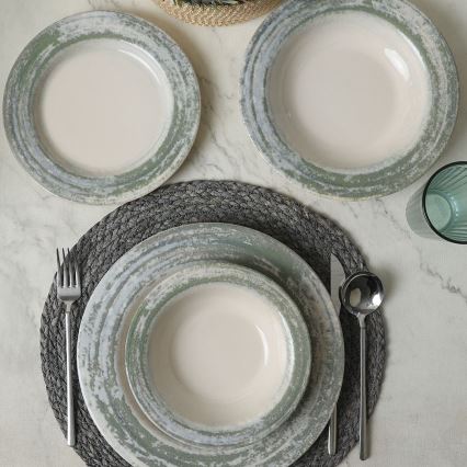 Ensemble de vaisselle 24 pièces en céramique, crème/vert