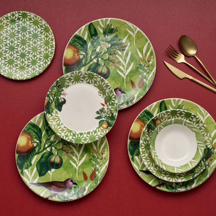 Ensemble de vaisselle 24 pièces en céramique — vert et blanc