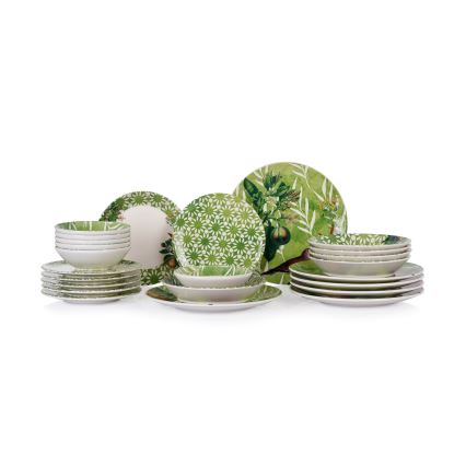 Ensemble de vaisselle 24 pièces en céramique — vert et blanc