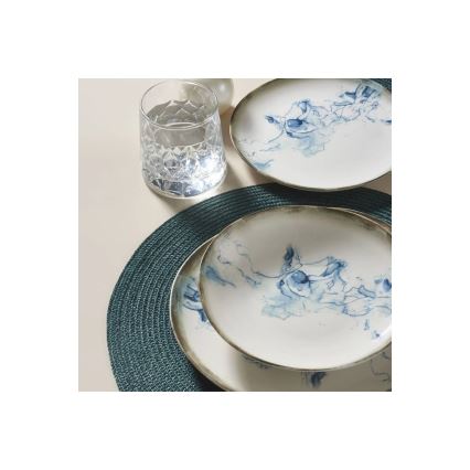 Ensemble de vaisselle 24 pièces en porcelaine, blanc/bleu