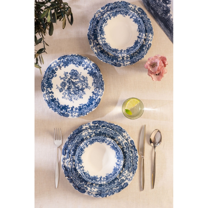 Ensemble de vaisselle 24 pièces en porcelaine, blanc/bleu
