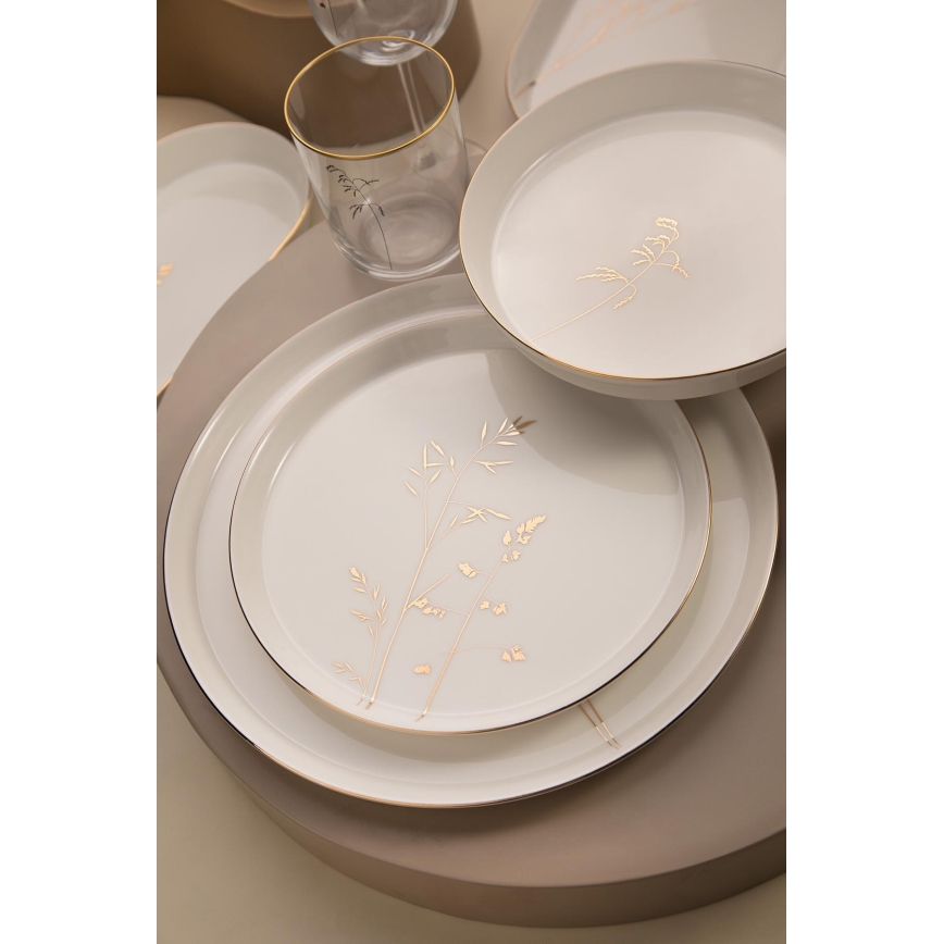 Ensemble de vaisselle 27 pièces en porcelaine, blanc et doré