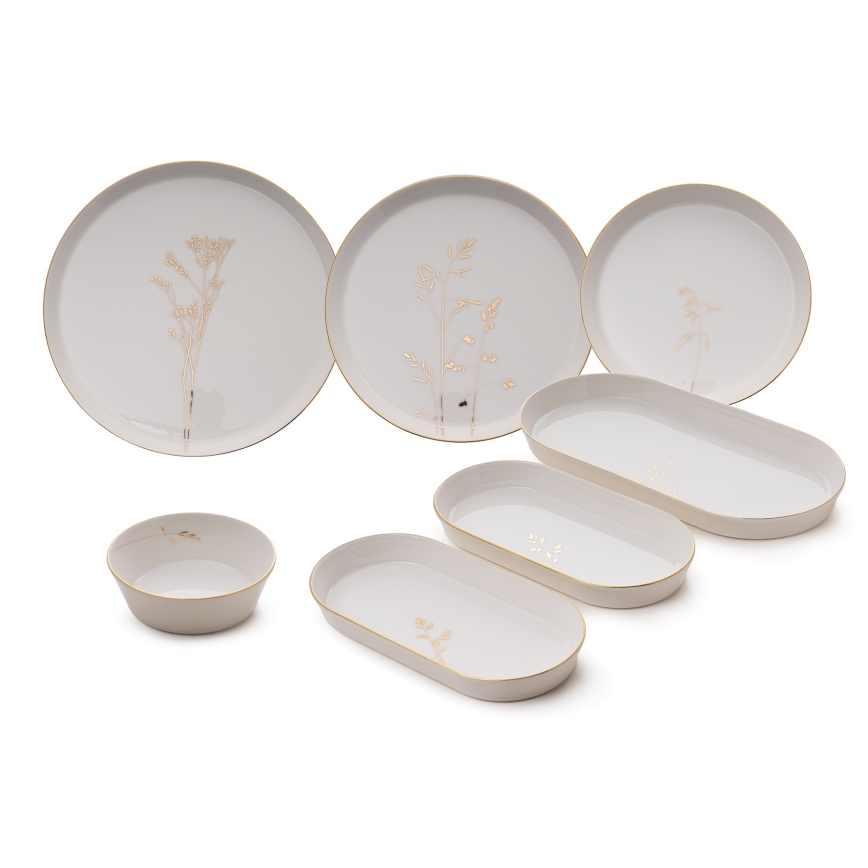 Ensemble de vaisselle 27 pièces en porcelaine, blanc et doré