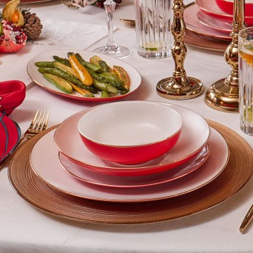 Ensemble de vaisselle 58 pièces blanc/rouge/porcelaine
