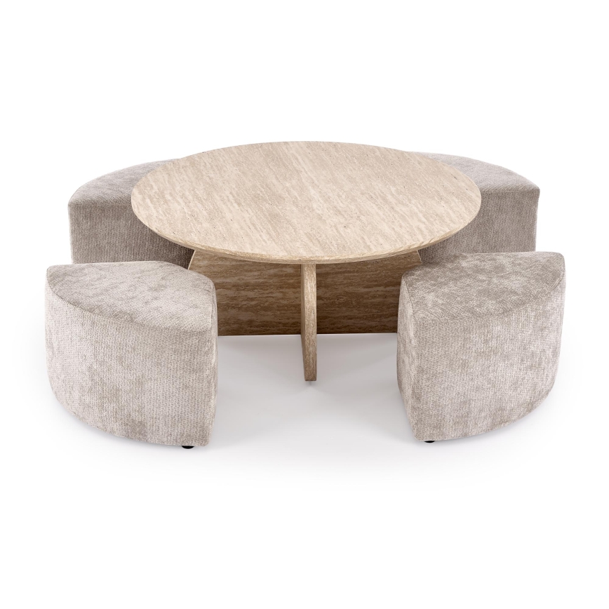 ENSEMBLE table basse NUGAT Ø 80 cm + 4 tabourets travertin/gris