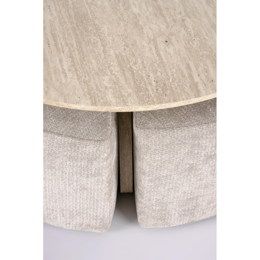 ENSEMBLE table basse NUGAT Ø 80 cm + 4 tabourets travertin/gris