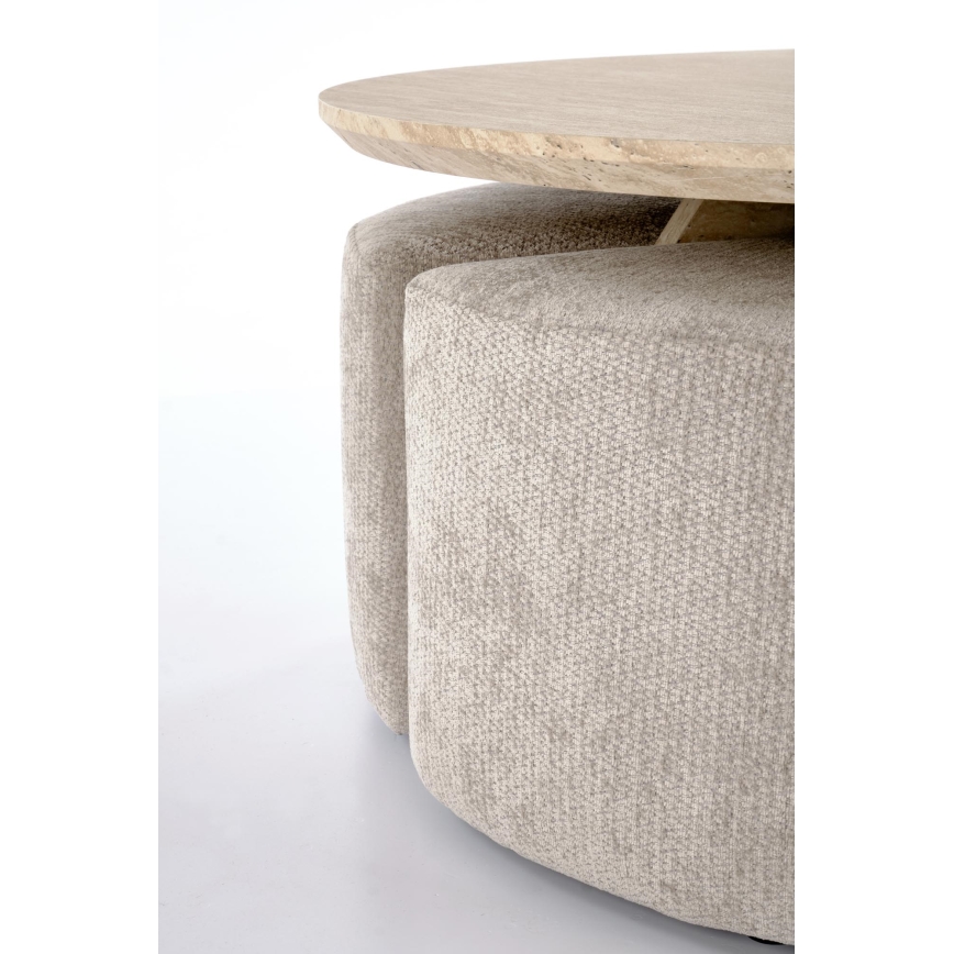 ENSEMBLE table basse NUGAT Ø 80 cm + 4 tabourets travertin/gris