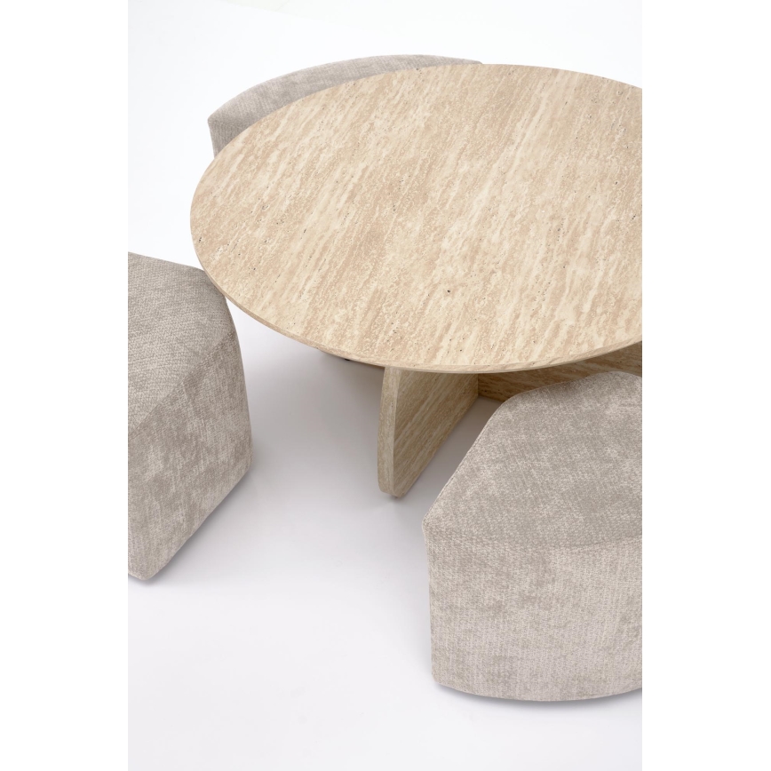 ENSEMBLE table basse NUGAT Ø 80 cm + 4 tabourets travertin/gris