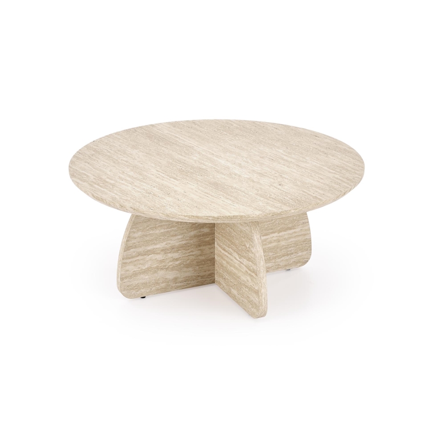ENSEMBLE table basse NUGAT Ø 80 cm + 4 tabourets travertin/gris