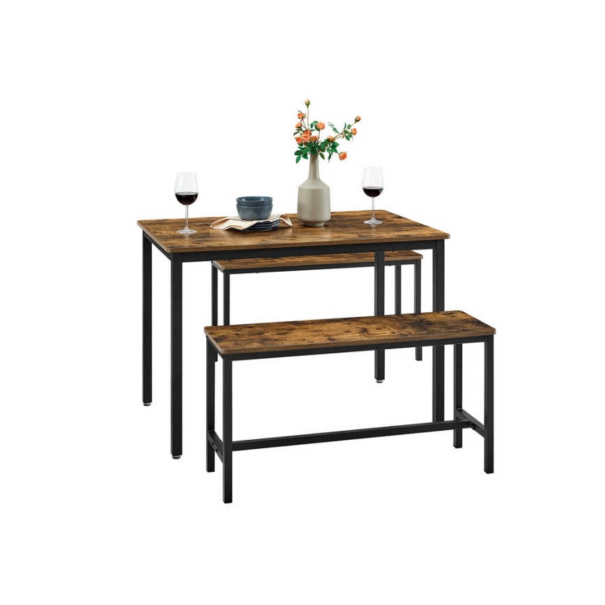Ensemble table de bar et 2 bancs TREVOR marron/noir