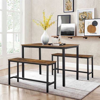 ENSEMBLE Table haute 110x70 cm + 2x bancs 97x30 cm TREVOR marron/noir