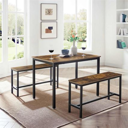 ENSEMBLE Table haute 110x70 cm + 2x bancs 97x30 cm TREVOR marron/noir