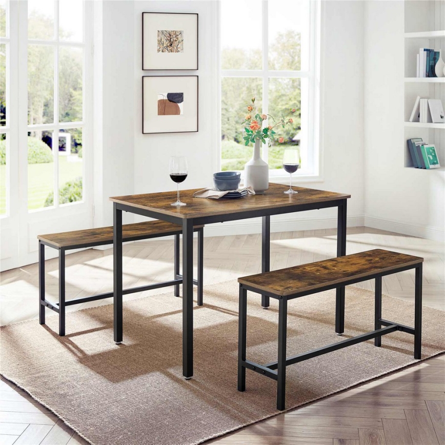 ENSEMBLE Table haute 110x70 cm + 2x bancs 97x30 cm TREVOR marron/noir