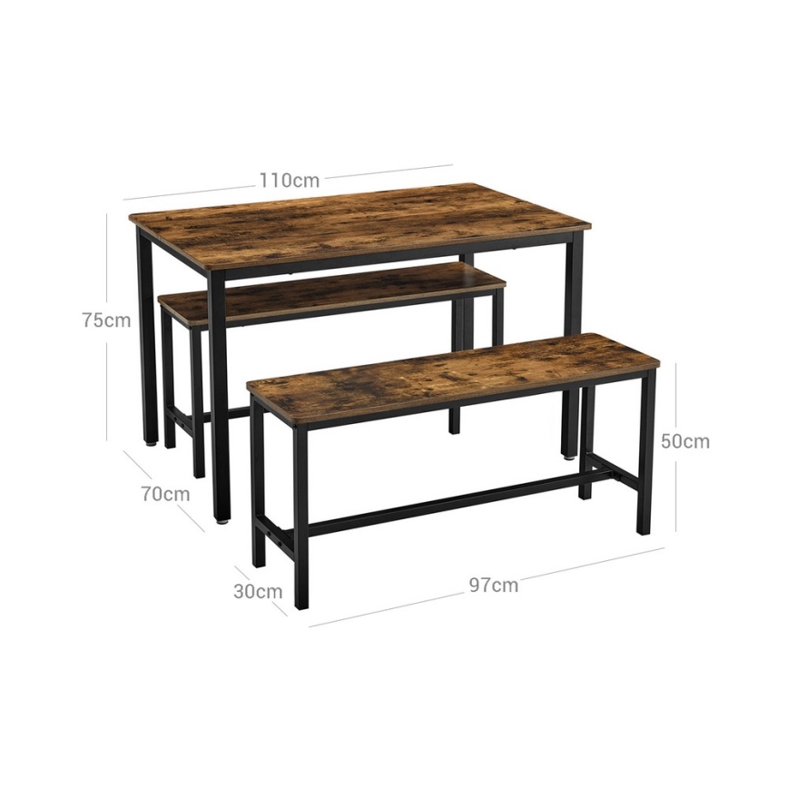 ENSEMBLE Table haute 110x70 cm + 2x bancs 97x30 cm TREVOR marron/noir