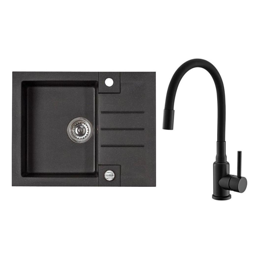 Évier ALVEUS SETA23236 - Évier ROCK 59,5x47,5 cm + robinet avec bras flexible MINTAS 34 cm en granit/noir mat