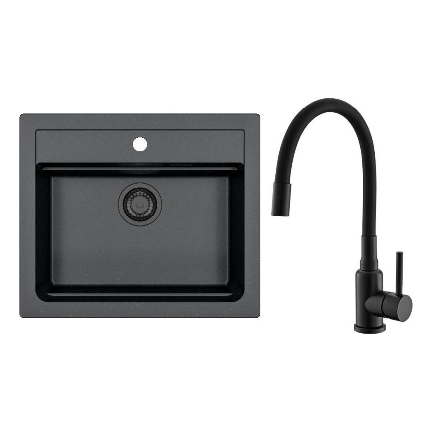 Evier de cuisine ALVEUS SETA23228 ATROX 59x50 cm + robinet avec bras flexible MINTAS 34 cm granit/noir mat