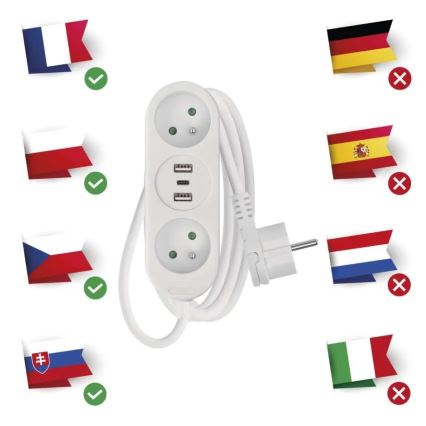 Extension de câble 2Z + 2x USB-A + USB-C 1,4 m