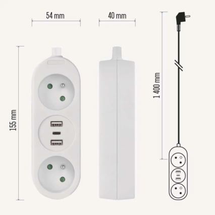 Extension de câble 2Z + 2x USB-A + USB-C 1,4 m