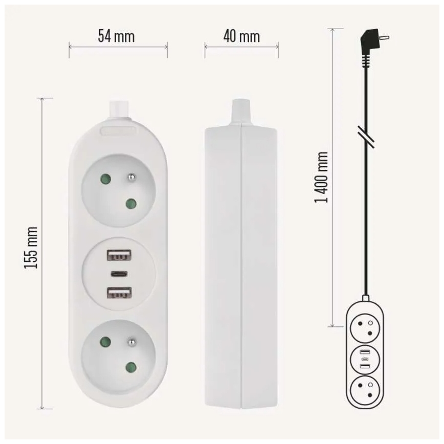Extension de câble 2Z + 2x USB-A + USB-C 1,4 m