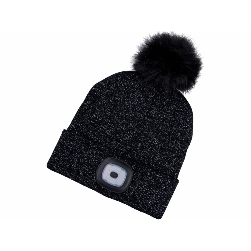 Extol - Bonnet équipé d'une lampe frontale rechargeable par USB (batterie 300 mAh), noir avec pompon, taille unique