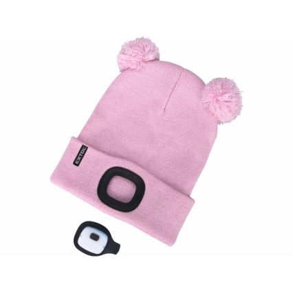 Extol - Chapeau avec lampe frontale et chargeur USB 250 mAh rose avec pompons taille enfants