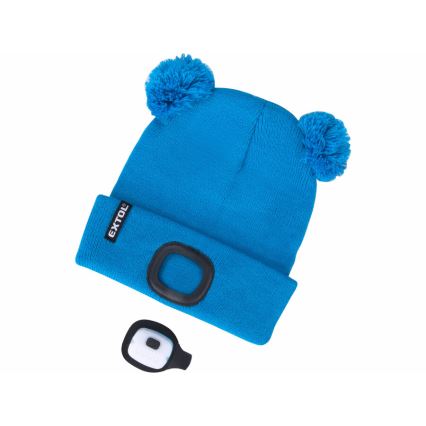 Extol - Kindermuts met hoofdlamp en USB-oplaadbare 250 mAh-accu, blauw met pompons, kindermaat