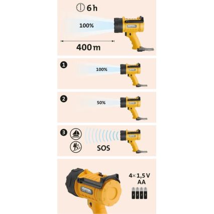 Extol - Lampe torche LED/5W/4xAA IP67 jaune/noire