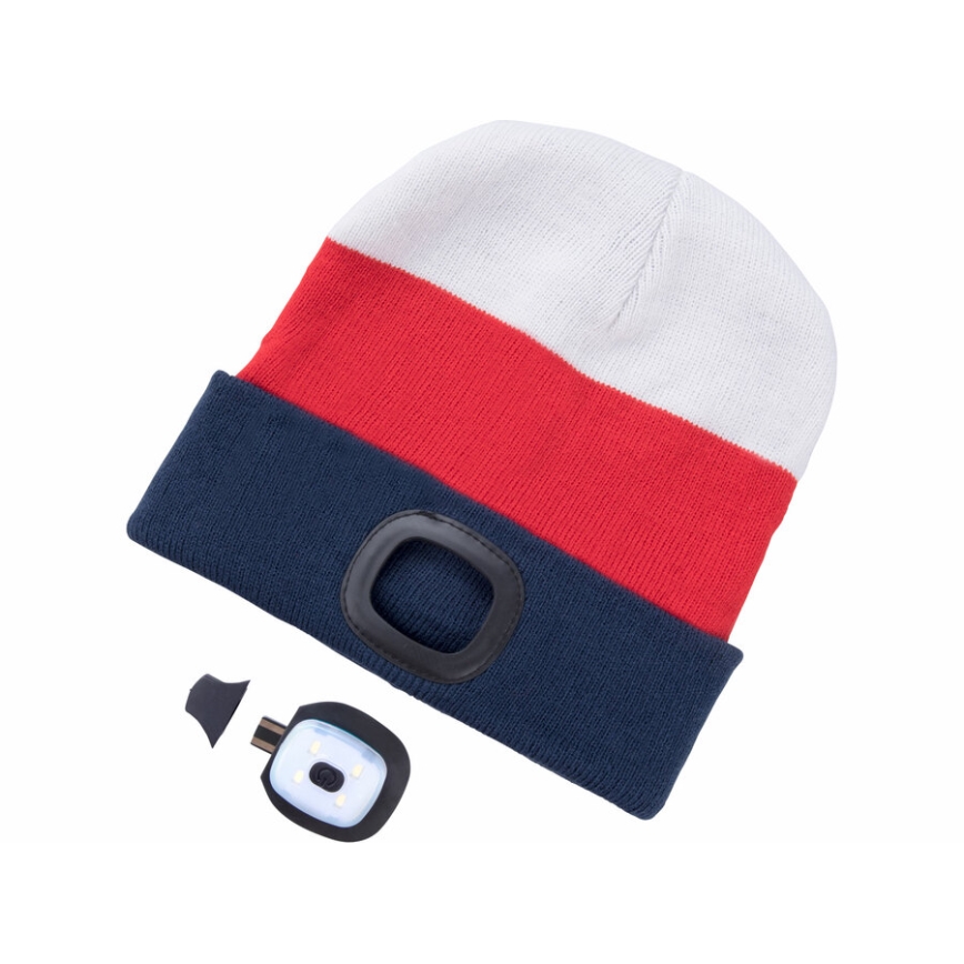 Extol - Muts met geïntegreerde hoofdlamp, USB-oplaadbare 300 mAh batterij, wit/rood/blauw, maat UNI