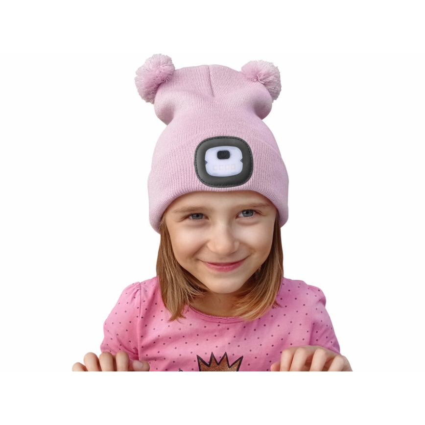 Extol - Muts met hoofdlamp en USB-oplaadfunctie (250 mAh), roze met pompons, kindermaat