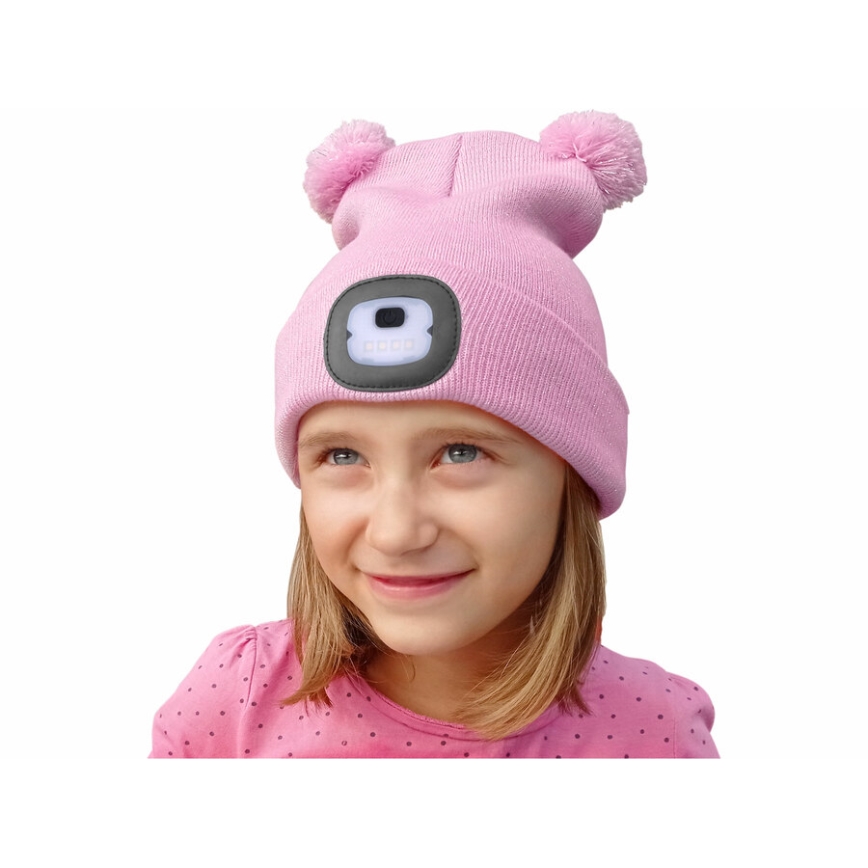 Extol - Muts met hoofdlamp en USB-oplaadfunctie (250 mAh), roze met pompons, kindermaat