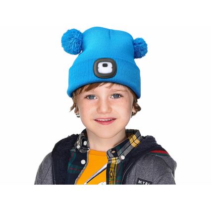 Extol - Muts met hoofdlamp en USB-oplader 250 mAh blauw met pompons formaat kinderen