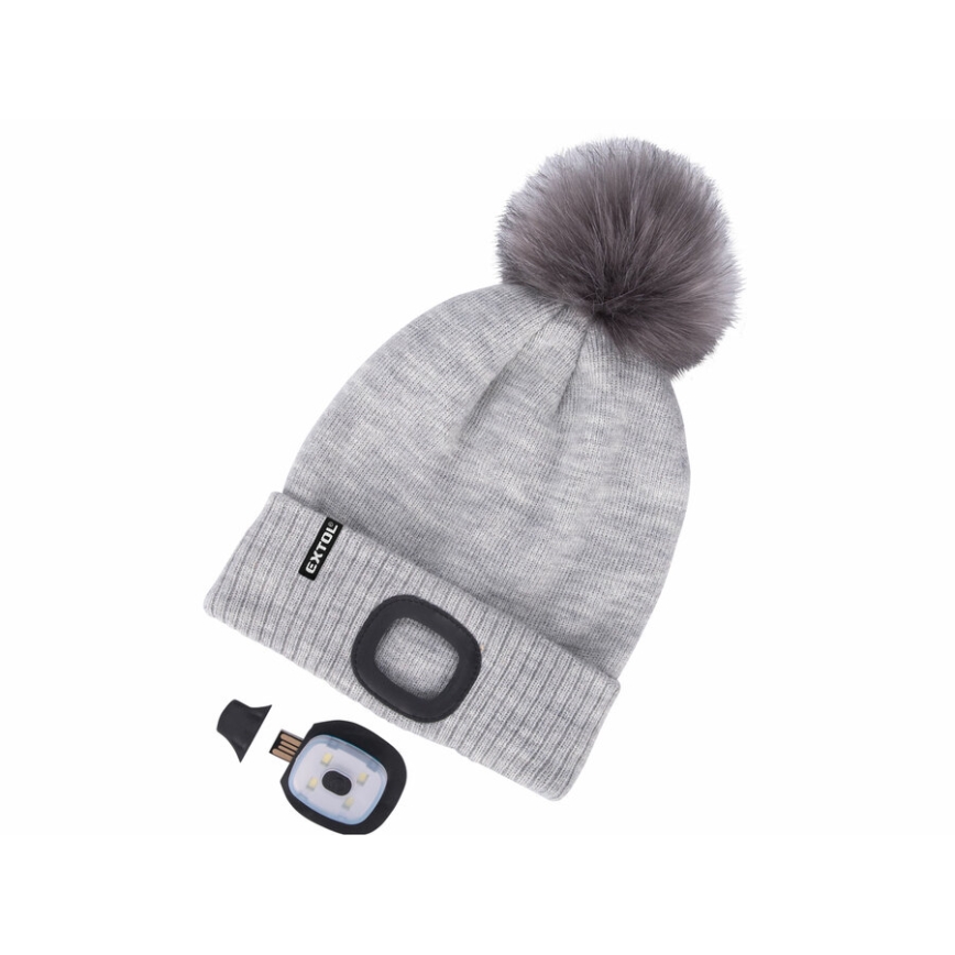 Extol - Muts met hoofdlamp en USB-oplader 300 mAh grijs met pompon maat UNI