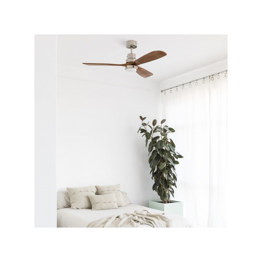FARO 33518DC - Ventilateur de plafond LED LANTAU LED/15W/230V Ø 132 cm chrome mat/bois avec télécommande