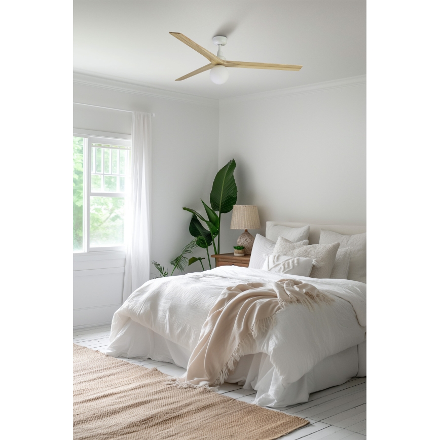 FARO 34279-11L - Ventilateur de plafond KLIM L 1xE27/15W/230V chêne/blanc d. 150 cm + Télécommande