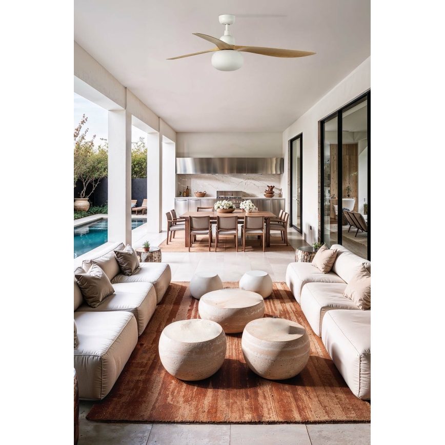 FARO 34361WT-11L - Ventilateur de plafond OUTWOOD L 1xE27/15W/230V marron/blanc Ø 150 cm Wi-Fi Tuya IP44 + télécommande