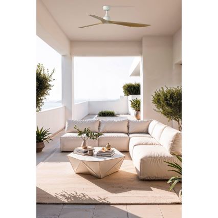 FARO 34361WT - Plafondventilator OUTWOOD L bruin/wit, diameter 150 cm, Wi-Fi Tuya IP44 + afstandsbediening