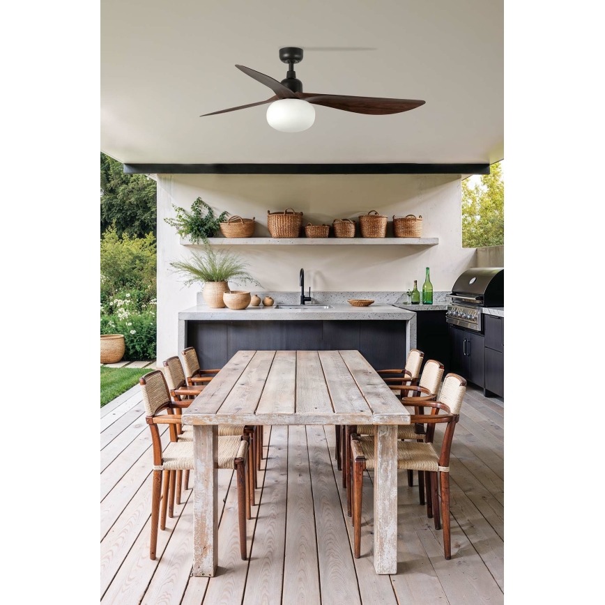 FARO 34362WT-11L - Plafondventilator OUTWOOD L 1x E27/15W/230V, bruin/zwart, Ø 150 cm, Wi‑Fi Tuya, IP44, met afstandsbediening