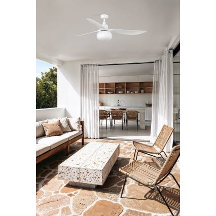 FARO 34363WT-11L - ventilateur de plafond OUTWOOD L 1xE27/15W/230V blanc Ø150 cm Wi-Fi Tuya IP44 + télécommande