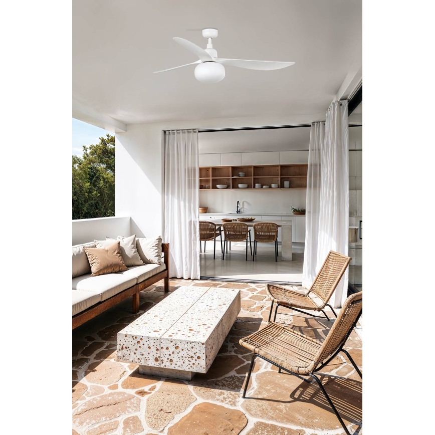 FARO 34363WT-11L - ventilateur de plafond OUTWOOD L 1xE27/15W/230V blanc Ø150 cm Wi-Fi Tuya IP44 + télécommande