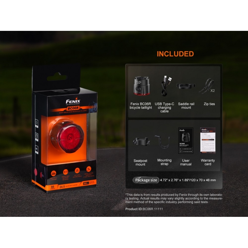 Fenix BC06R - Éclairage de vélo à intensité variable et rechargeable LED/USB IP66 90 lm 24,5 h