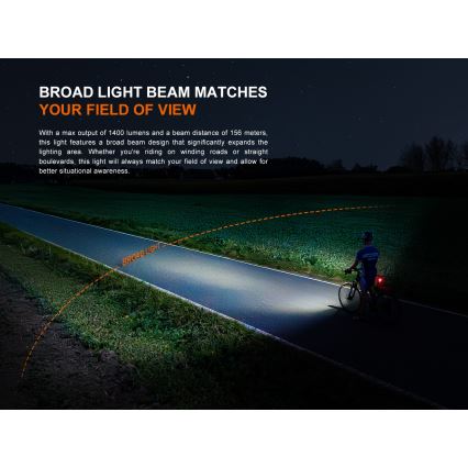 Fenix BC22R - Lampe de vélo rechargeable LED à intensité réglable LED/USB 3400 mAh IP66 1400 lm 41 h noire