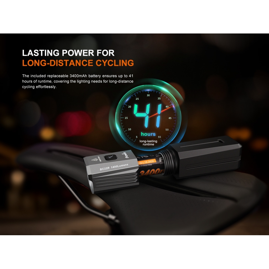 Fenix BC22R - Lampe de vélo rechargeable LED à intensité réglable LED/USB 3400 mAh IP66 1400 lm 41 h noire