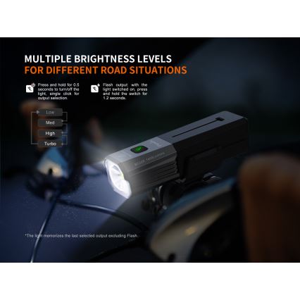 Fenix BC22R - Lampe de vélo rechargeable LED à intensité réglable LED/USB 3400 mAh IP66 1400 lm 41 h noire