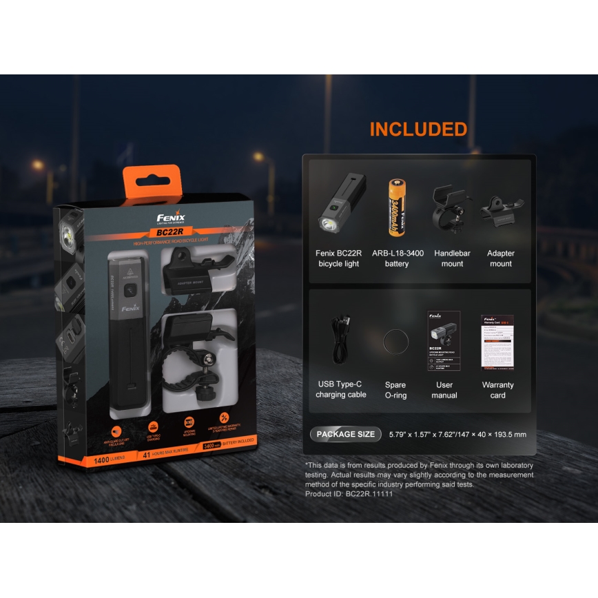 Fenix BC22R - Lampe de vélo rechargeable LED à intensité réglable LED/USB 3400 mAh IP66 1400 lm 41 h noire