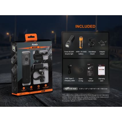 Fenix BC22R - dimbare oplaadbare LED-fietslamp LED/USB 3400 mAh IP66 1400 lm 41 h zwart