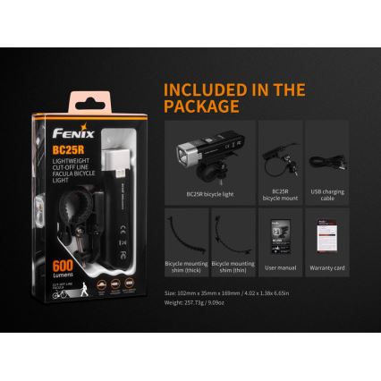 Fenix BC25R - Lampe pour vélo rechargeable LED/USB IP66 600 lm 36 hrs