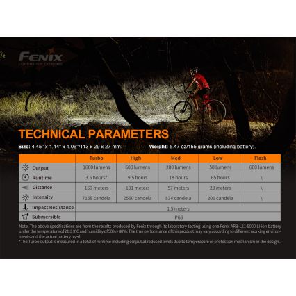 Fenix BC26R - Lampe de vélo rechargeable LED/USB IP68 1600 lm 65 hrs